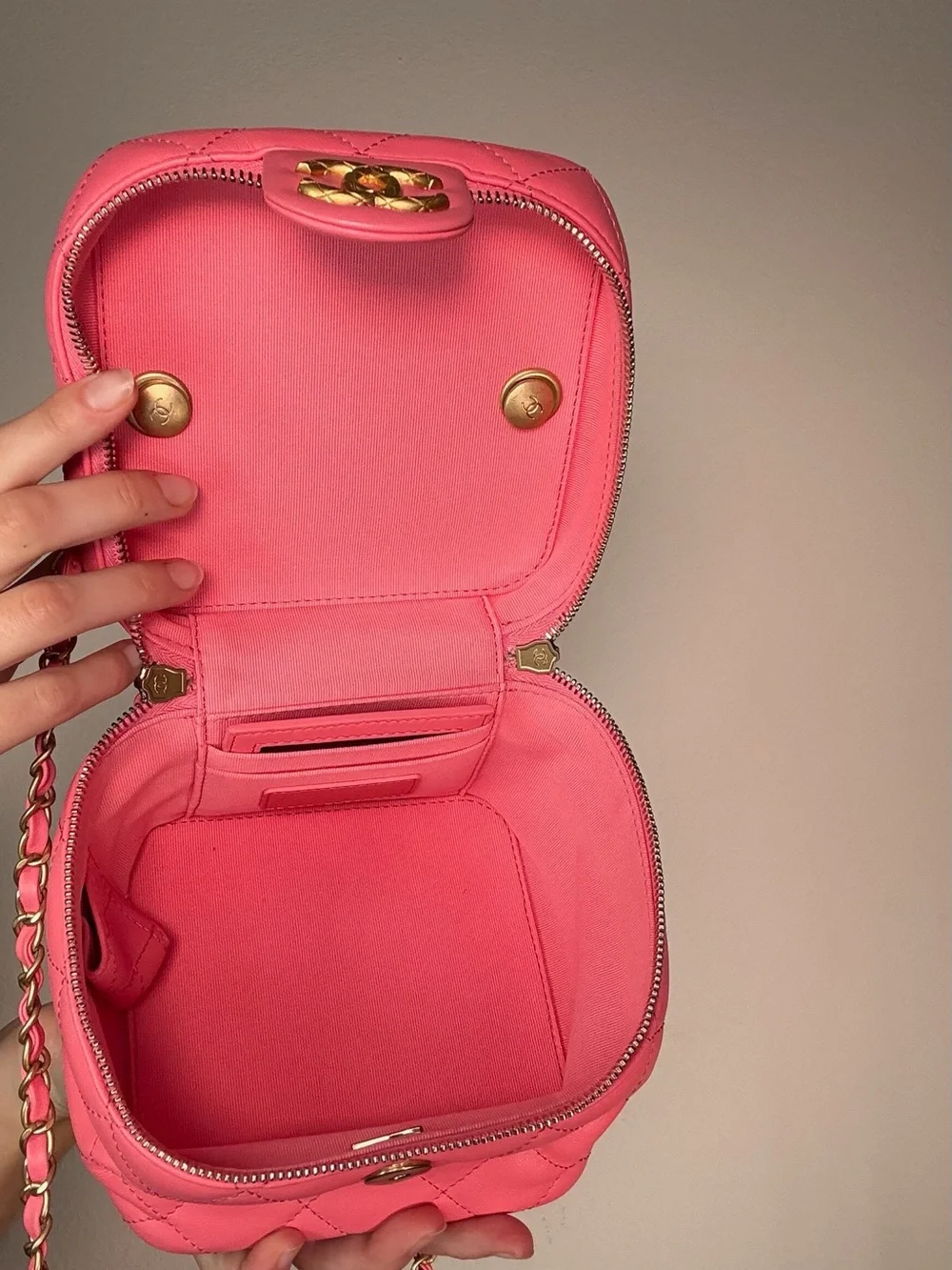 CHANEL Pink Quilted Leather Square Vanity Crossbody with Gold Hardware NIB